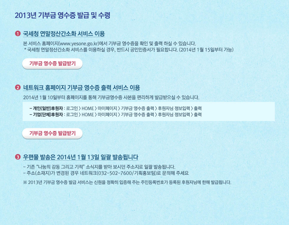 2013년 기부금 영수증 발급 및 수령.1.국세청 연말정산간소화 서비스 이용. 본 서비스 홈페이지(www.yesone.go.kr)에서 기부금 영수증을 확인 및 출력 하실 수 있습니다. *국세청 연말정산간소화 서비스를 이용하실 경우, 반드시 공인인증서가 필요합니다. (2014년 1월 15일부터 가능)2. 네트워크 홈페이지 기부금 영수증 출력 서비스 이용. 2014년 1월 10일부터 홈페이지를 통해 기부금영수증 사본을 편리하게 발급받으실 수 있습니다.  -개인(일반)후원자 : 로그인> HOME> 마이페이지> 기부금 영수증 출력> 후원자님 정보입력> 출력  -기업(단체)후원자 : 로그인> HOME> 마이페이지> 기부금 영수증 출력> 후원자님 정보입력> 출력3.우편물 발송은 2014년 1월 13일 일괄 발송됩니다.  -기존 나눔의감동그리고기적 소식지를 받아 보시던 주소지로 일괄 발송됩니다.  -주소(소재지)가 변경된 경우 네트워크(032-502-7600/기획홍보팀)로 문의해 주세요※ 2013년 기부금 영수증 발급 서비스는 신원을 정확히 입증해 주는 주민등록번호가 등록된 후원자님에 한해 발급됩니다.